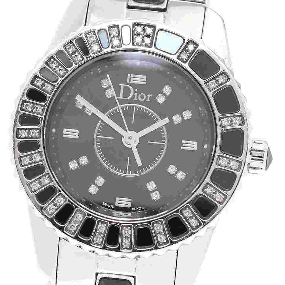 Christian DIOR Christal Diamond & Black Sapphire Bezel - Black Leather CD112116