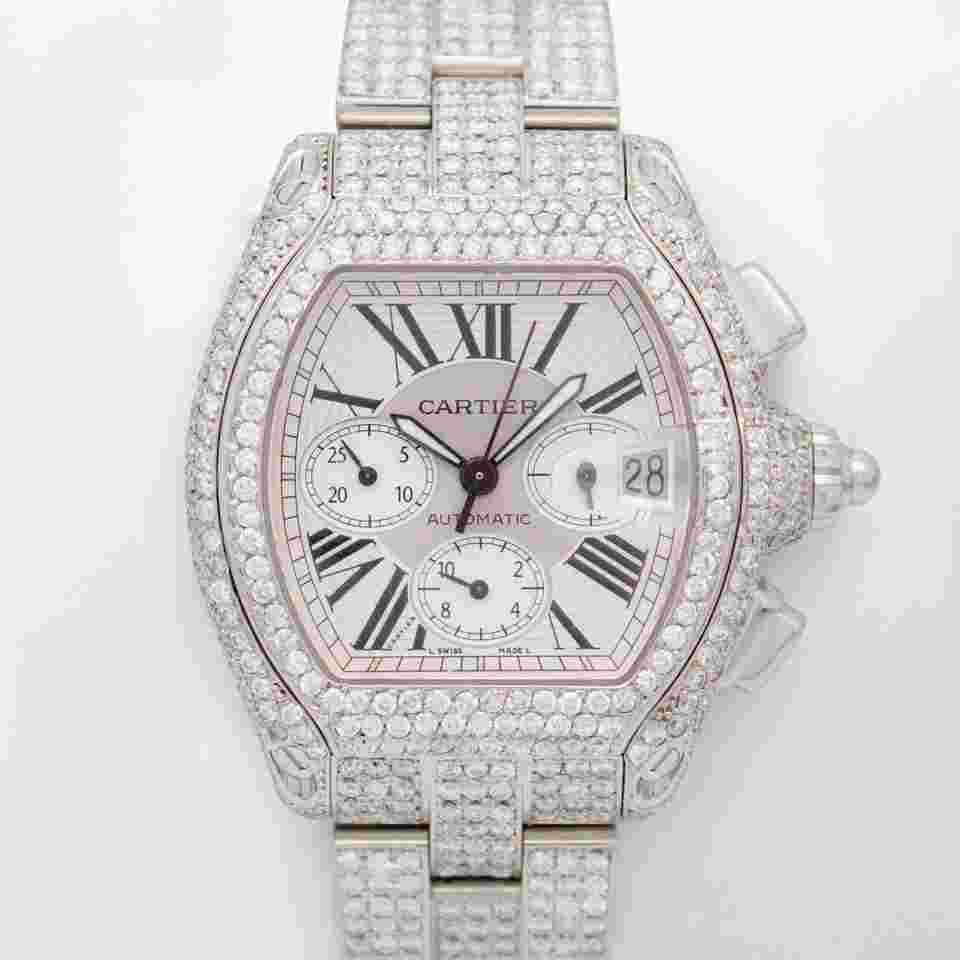 Cartier Roadster
                           
                                 2618 Chrono Auto White Dial Steel Custom Iced Out Natural Diamonds w.B