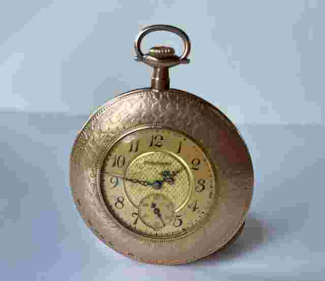 Waltham
                           
                                 Art Deco Savonette Warranted 25 Years Gold FilledTwo Levels Textured Dial Pocket Watch USA