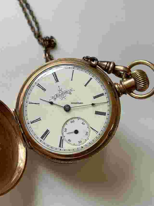 Elgin
                           
                                 Solid 10K Gold Hunter Savonette Antique Pocket Watch White Porcelain Dial Made in USA