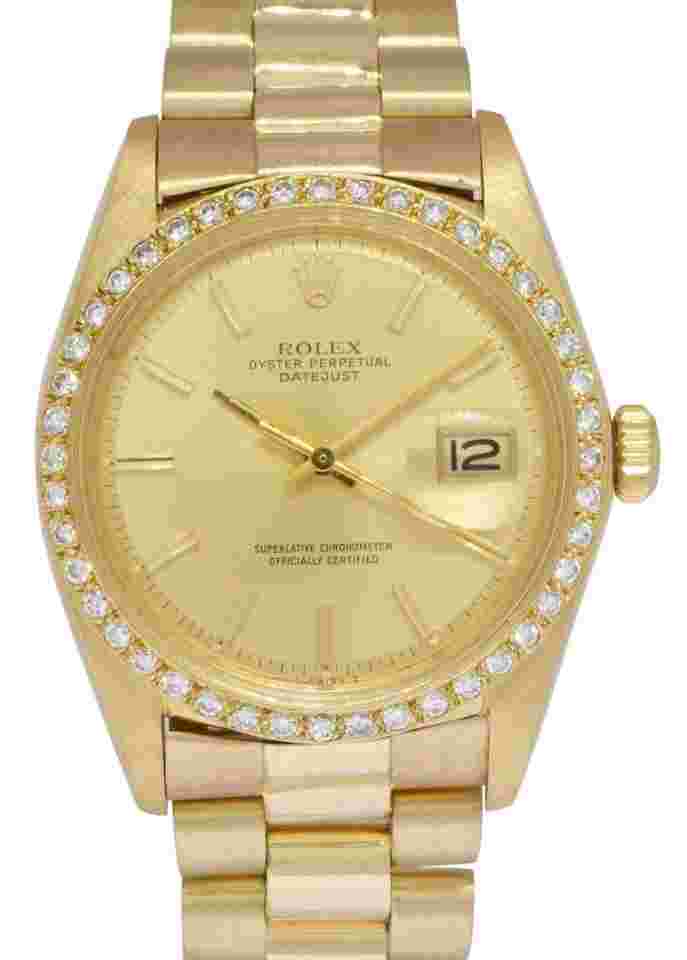 Rolex Datejust 36
President 18k Yellow Gold Champagne Diamond Bezel 36mm Watch 1601