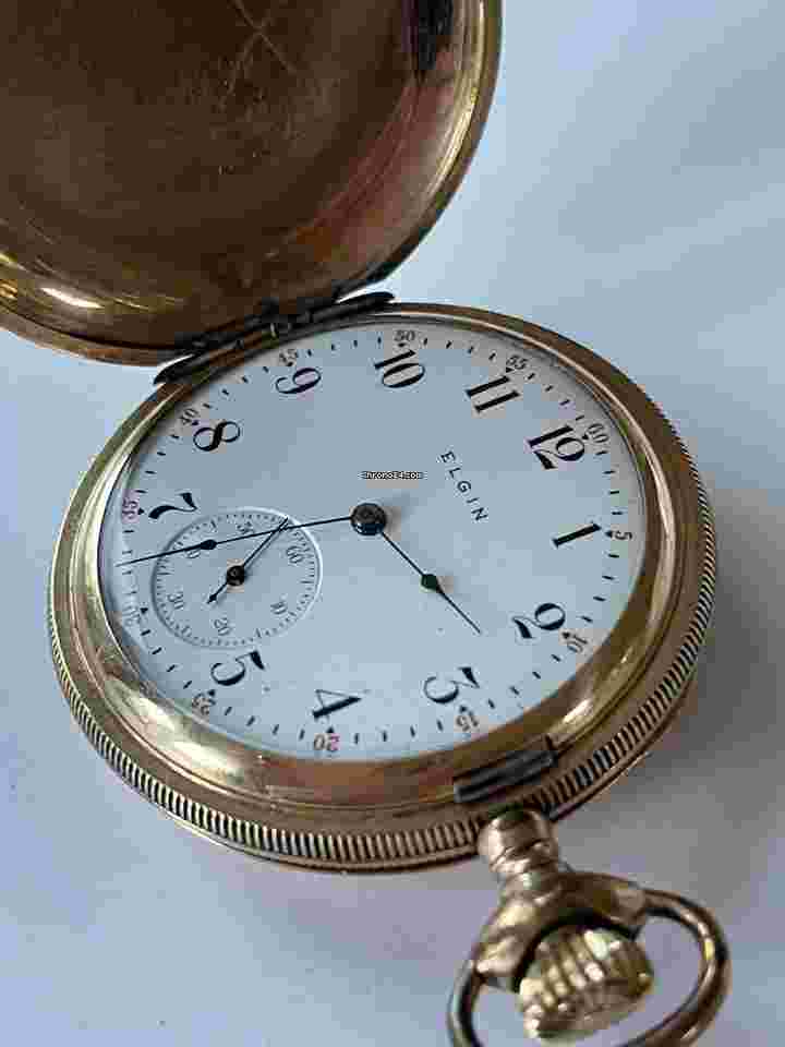 Elgin
14K Gold Filled Hunter Case Savonette Antique Pocket Watch Porcelain Dial Made USA