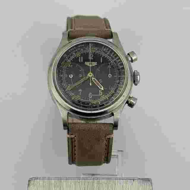 Heuer
                           
                                 Chronograph Big Eyes Gilt Dial Radium Rare Case Acier Switzerland Valjoux 23 Swiss Made