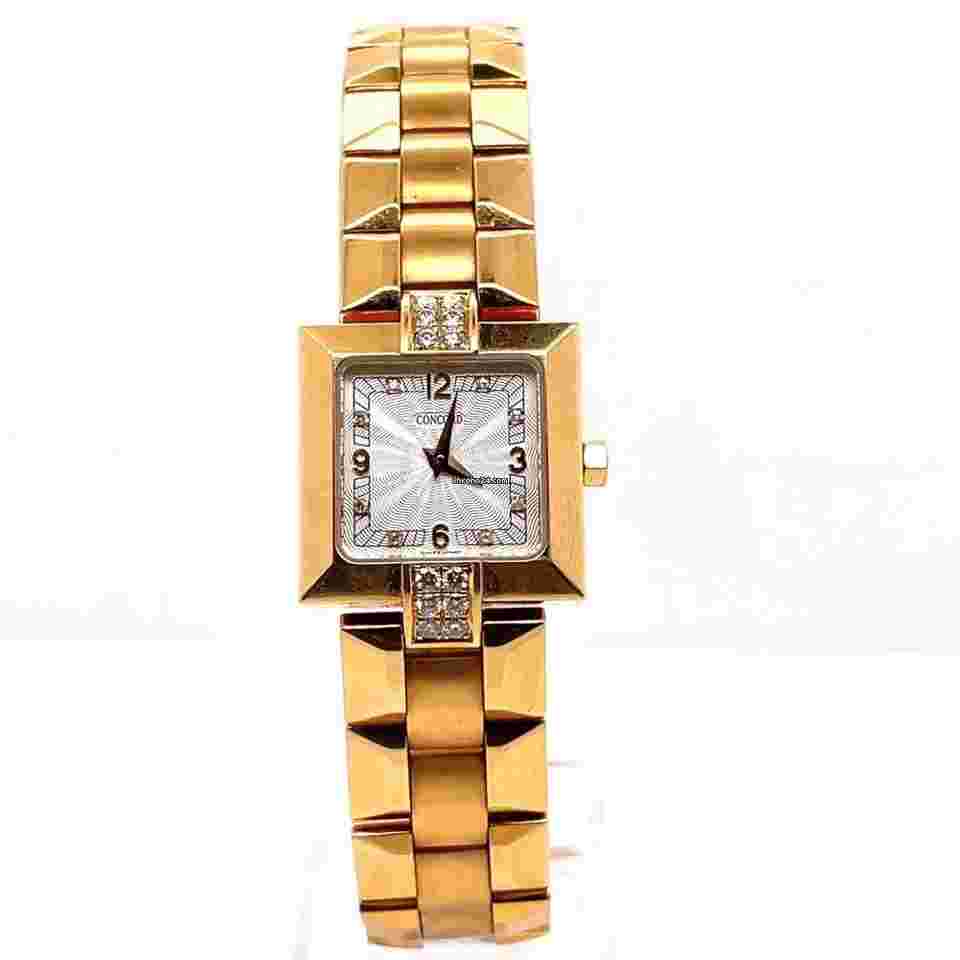 Concord
Ladies 20mm Watch 18k Yellow Gold Sulver Dial Quartz .25ct Diamonds