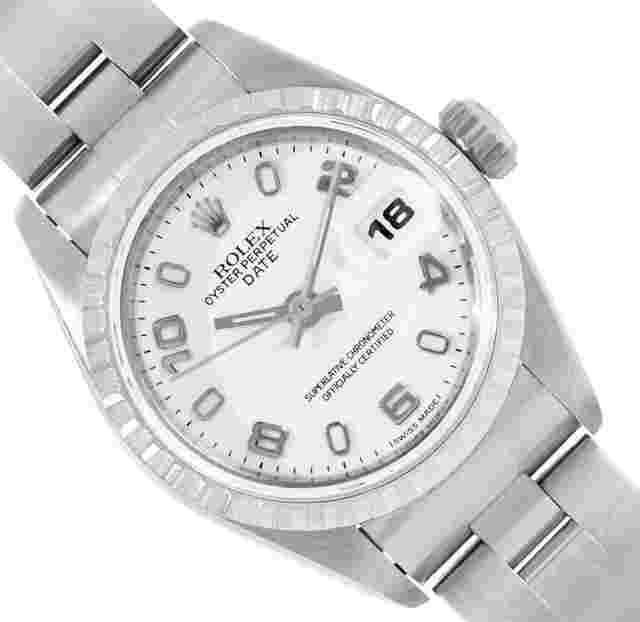 Rolex Oyster Perpetual Lady Date
                           
                                 Ladies Quickset Stainless Steel White Arabic Engine Turn Bezel Date Wristwatch 26MM