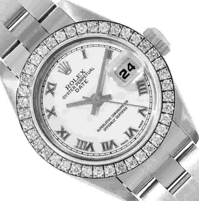 Rolex Oyster Perpetual Lady Date
                           
                                 Ladies Stainless Steel White Roman Dial Stainless Steel Diamond Bezel Date Wristwatch 26MM