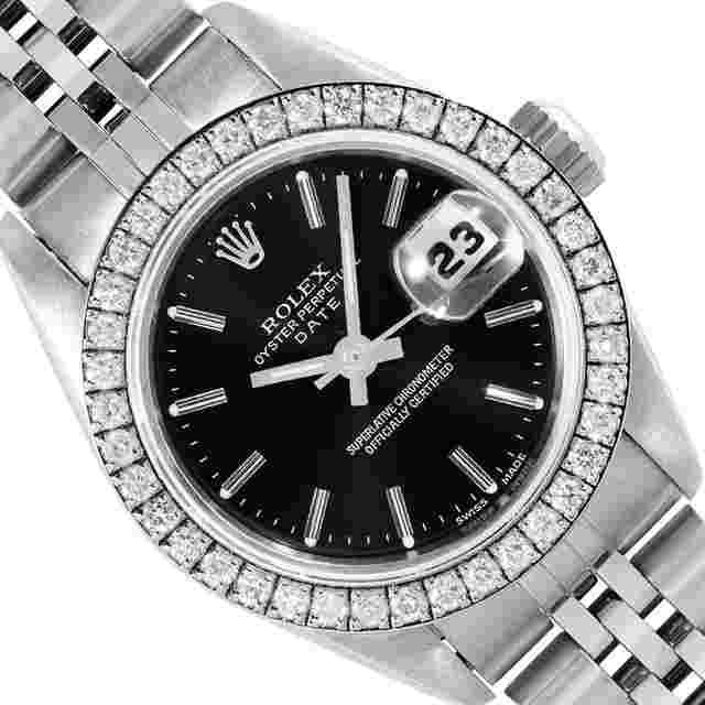 Rolex Oyster Perpetual Lady Date
                           
                                 Ladies Stainless Steel Black Index Dial Steel Diamond Bezel Date Wristwatch 26MM