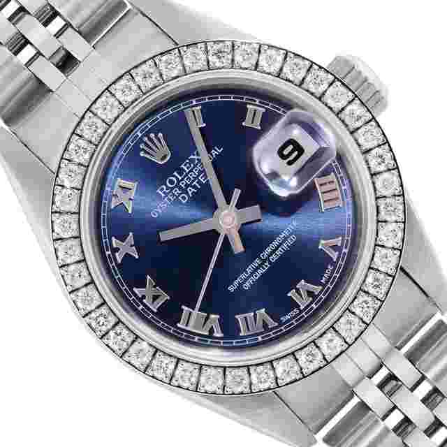 Rolex Oyster Perpetual Lady Date
                           
                                 Ladies Stainless Steel Blue Roman Dial Stainless Steel Diamond Bezel Date Wristwatch 26MM