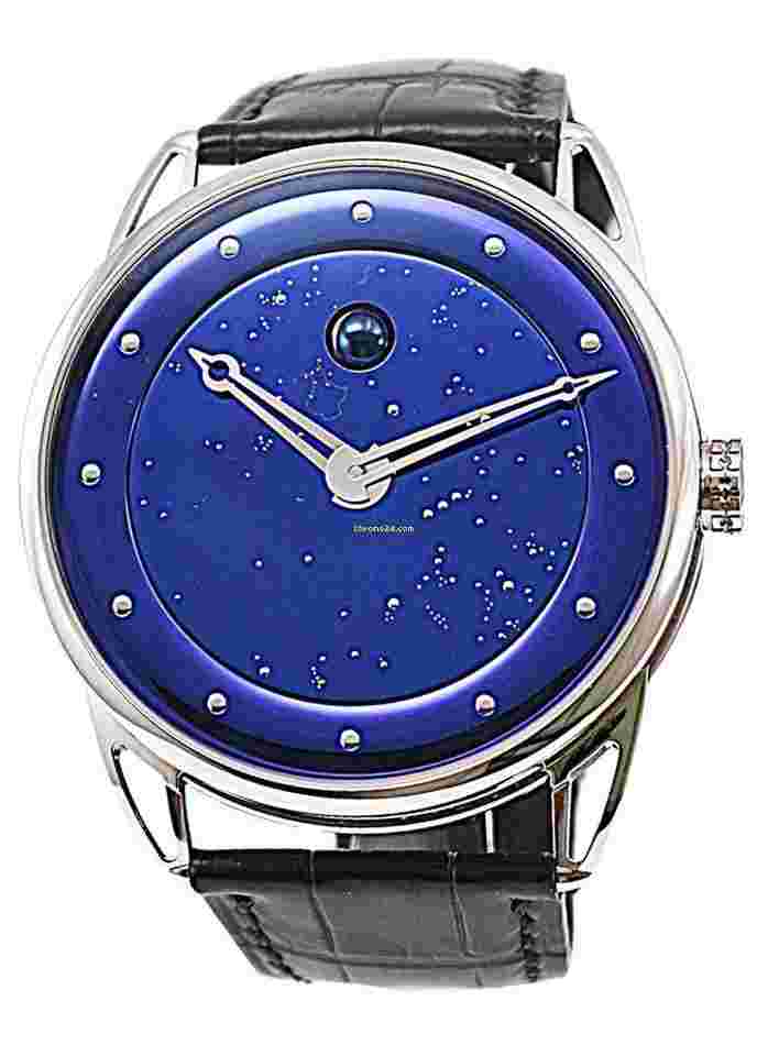 De Bethune DB25
Moon Phase Starry Sky in White Gold on Black Crocodile Leather Strap with star-studded sky in Blued and polished Titanium