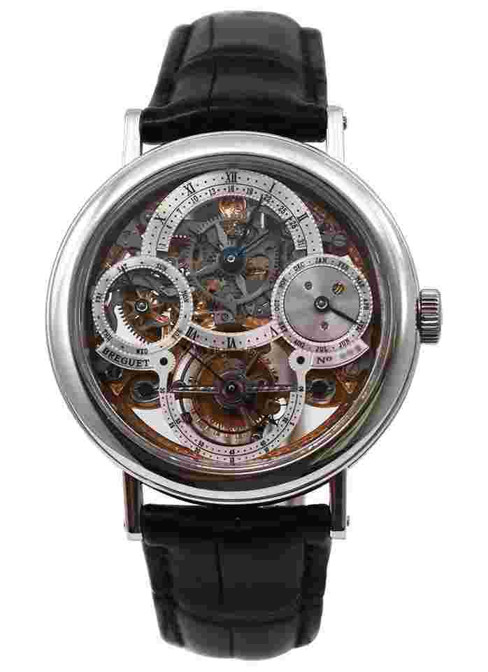 Breguet Classique Complications
Perpetual Calendar Tourbillon Open worked in Platinum on Black Leather Strap with Skeleton Dial - Missing Outer Box