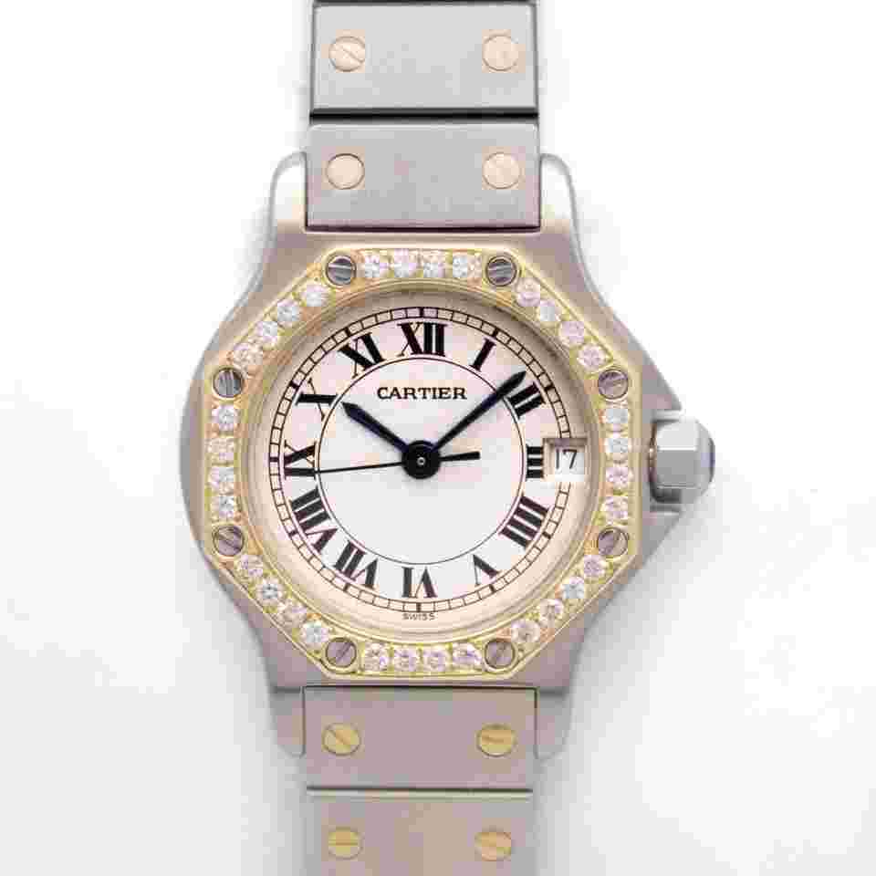 Cartier Santos
                           
                                 Octagon 187903 25mm Custom Diamond Bezel Silver Dial T/T Quartz 18k w.B