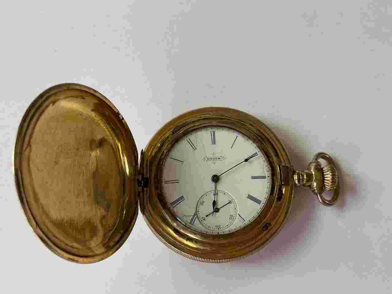 Elgin
Gold Filled Warranted 20Years Hunter Savonette Porcelain Dial Pocket Watch Made in USA