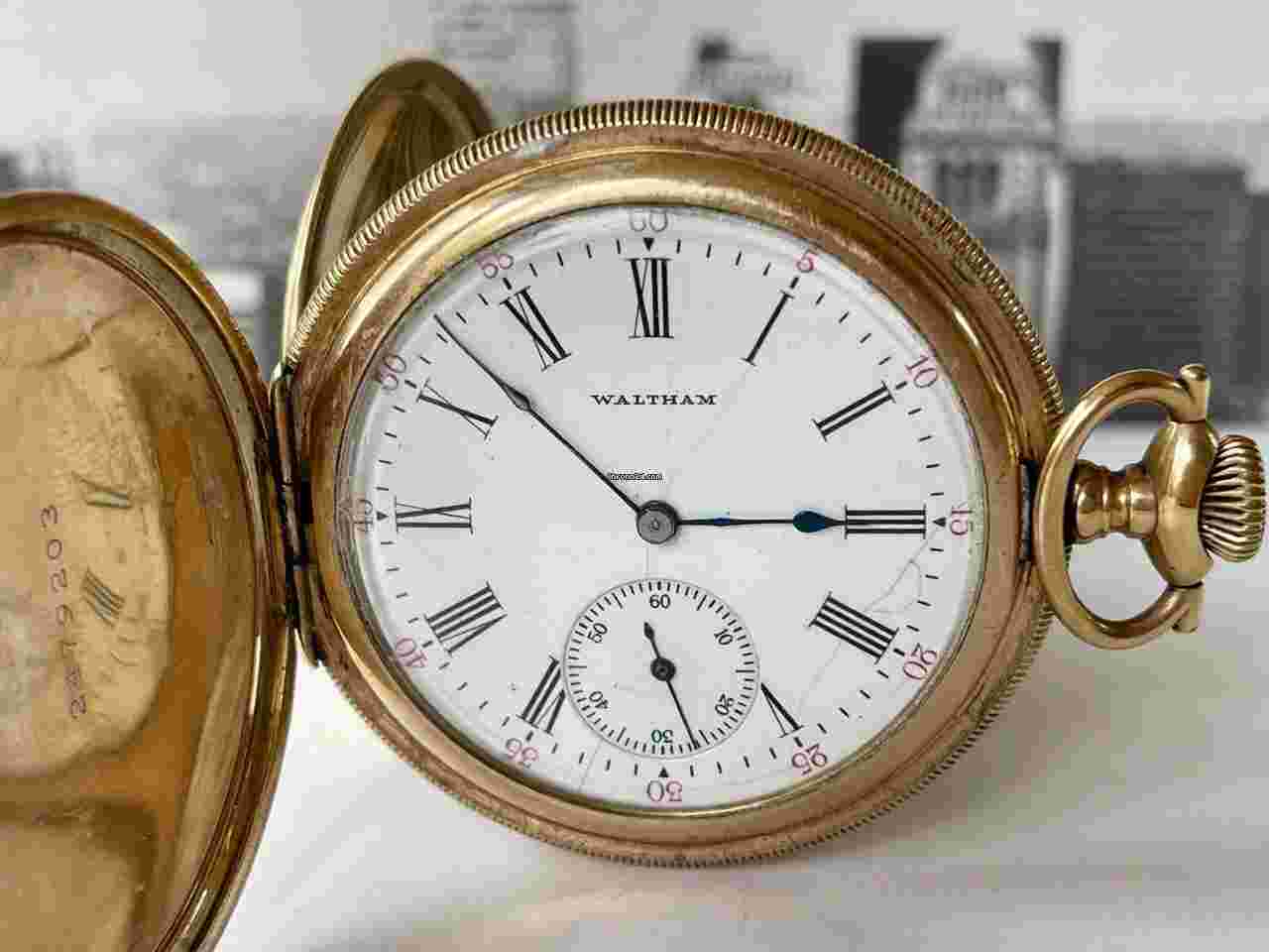 Waltham
                           
                                 Doctors Gold Filled Hunter Case Savonette Antique Pocket Watch Porcelain Dial Made USA