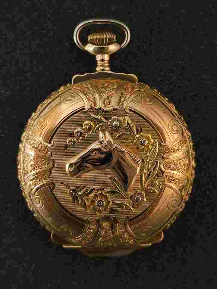 Elgin (New Old Stock 1913) B.W. Raymond (14K Box Hinge Horse & Shield)