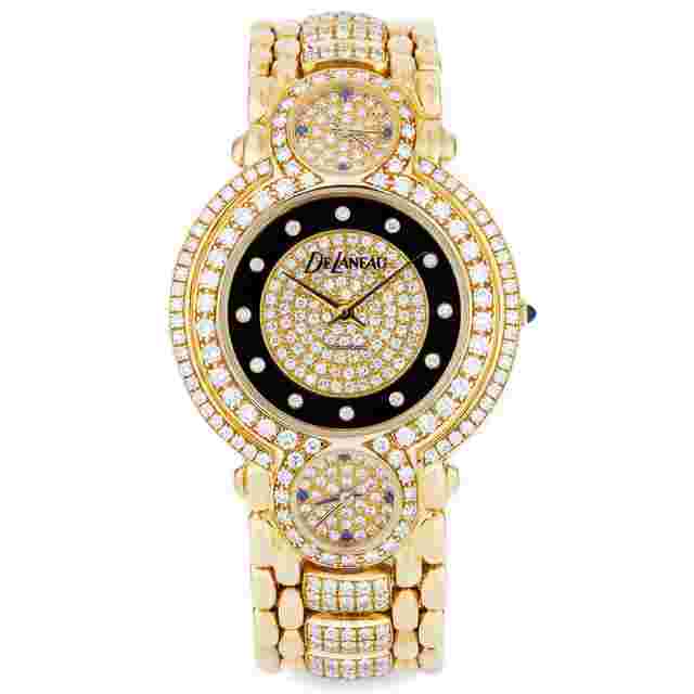 DeLaneau Three Time Zone
                           
                                 Triple Dial Triple Timezone Wristwatch | Pavé Diamond Dial Bezel and Bracelet | 33mm | 18k Yellow Gold | Quartz