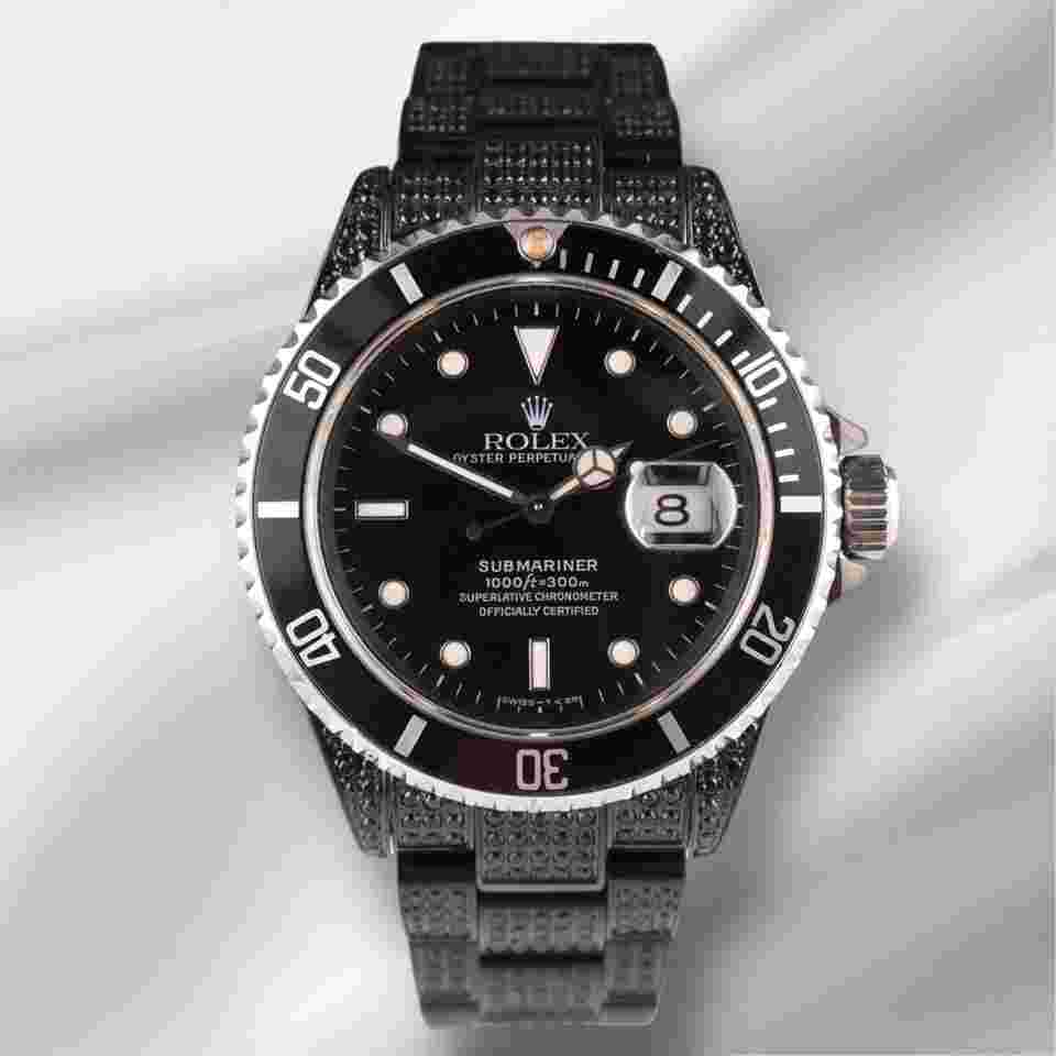 Rolex Submariner Date
                           
                                 40mm Steel Black Iced out 6ct Oyster Mens Watch 16610