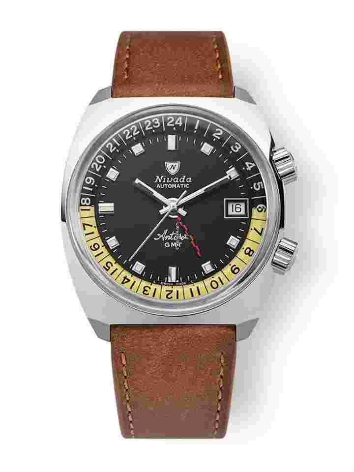 Nivada
                           
                                 IN STOCK - Antarctic GMT Black 32043A - Brown Leather Strap - Nivada Grenchen AD