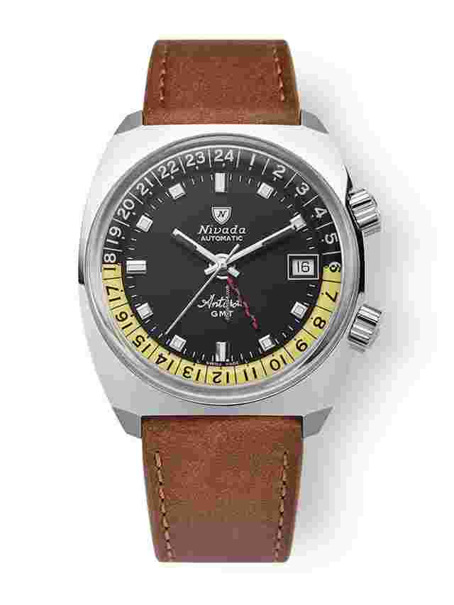 Nivada
                           
                                 IN STOCK - Antarctic GMT Black 32043A - Brown Leather Strap - Nivada Grenchen AD
