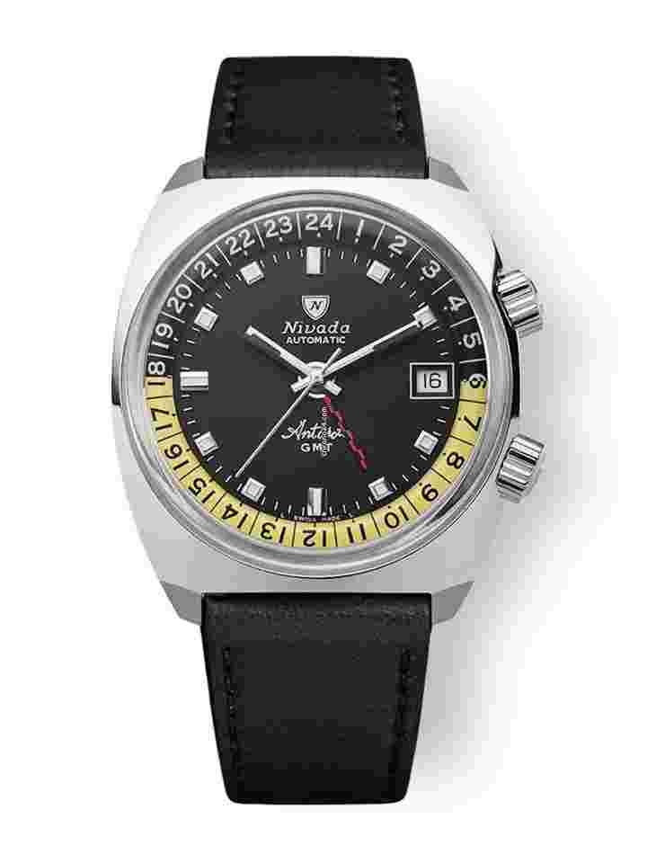 Nivada
                           
                                 IN STOCK - Antarctic GMT Black 32043A - Black Leather Strap - Nivada Grenchen AD