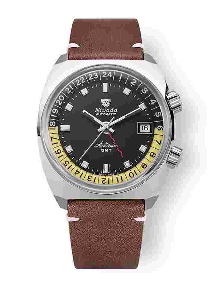 Nivada
                           
                                 IN STOCK - Antarctic GMT Black 32043A - Brown Leather white Stitching - Official Dealer