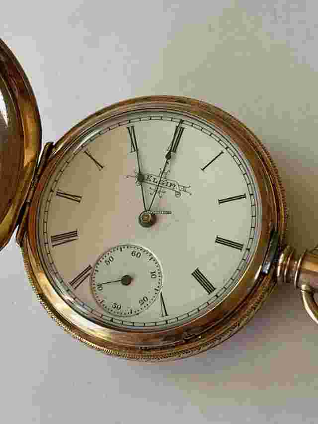 Elgin
                           
                                 Solid 10K Gold Hunter Pocket Watch Porcelain Dial Roman Numbers Antique FOB Chain Slider