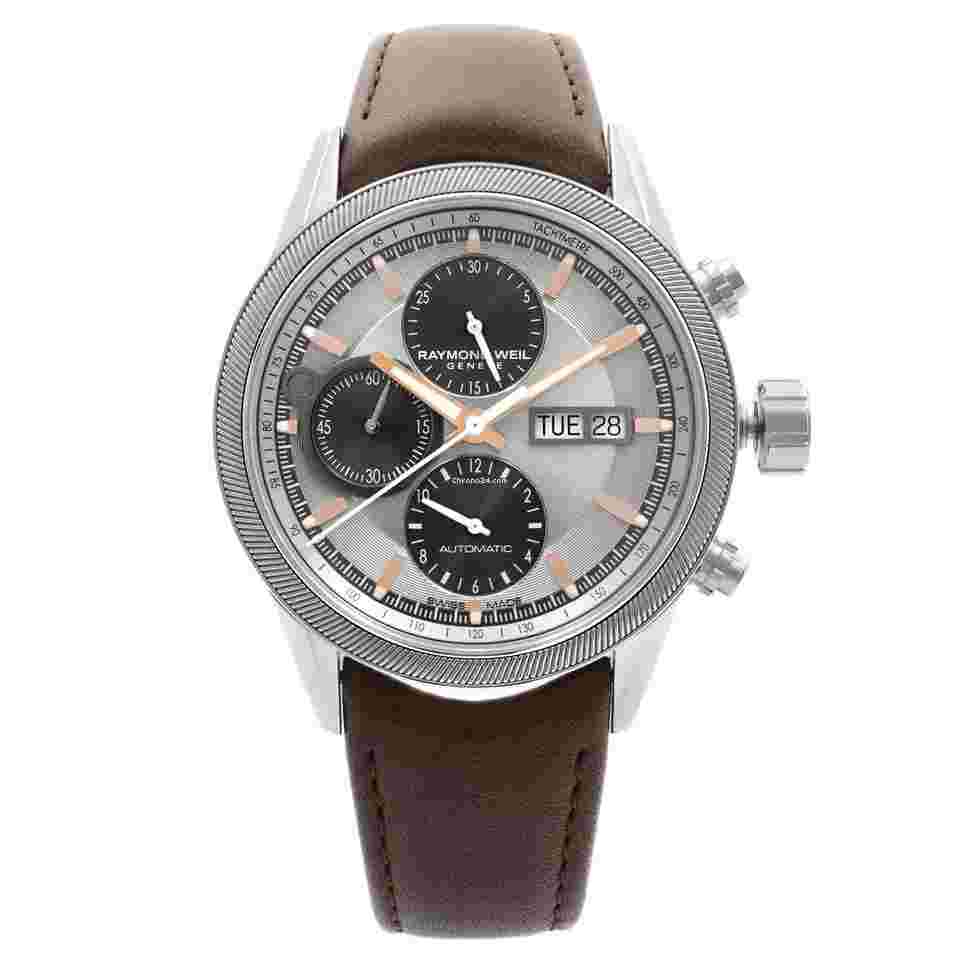 Raymond Weil Freelancer
42 Date Day Leather Steel Automatic Watch 7731-SC2-65655