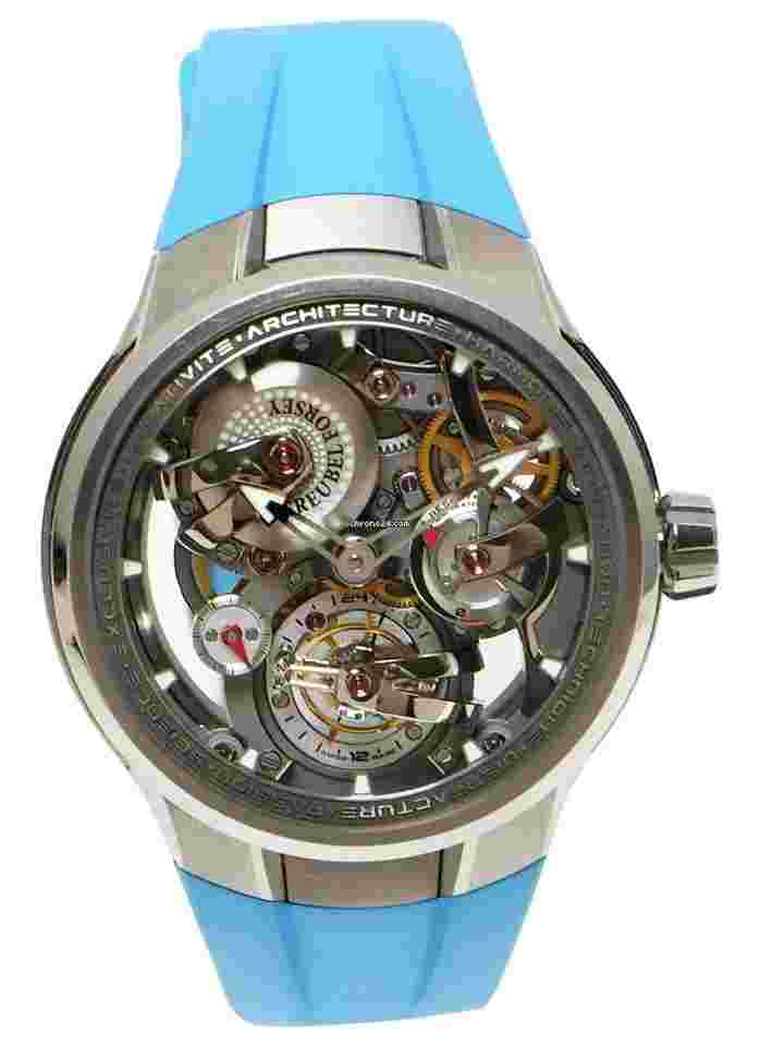 Greubel Forsey Tourbillon 24 Seconds
Architecture in Titanium on Light Blue Rubber Strap with Openwork Dial Includes additional Black Rubber Strap