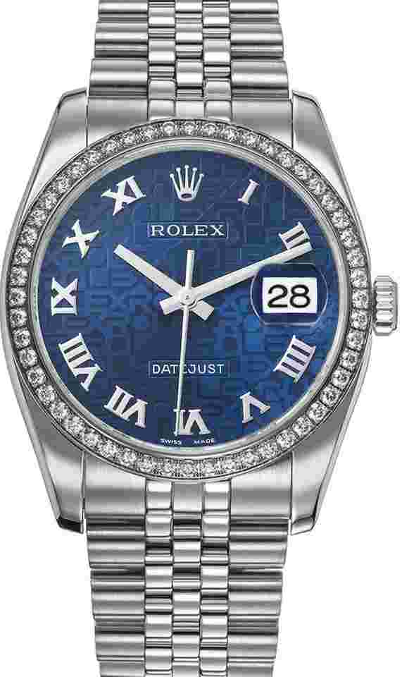 Rolex Datejust 36
                           
                                 New Style Datejust Stainless Steel Rolex Factory Diamond Bezel & Blue Anniversary Roman Dial on Jubilee Bracelet 116244