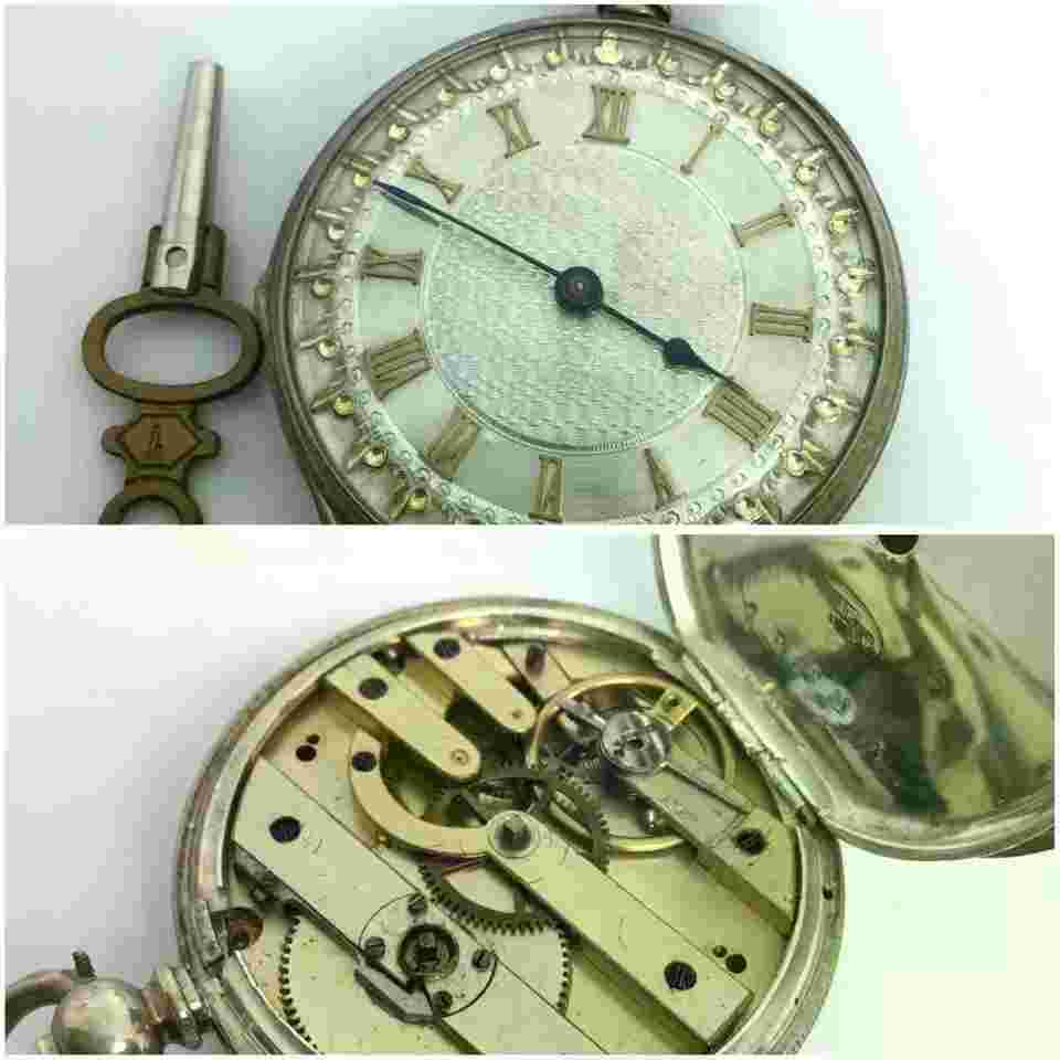 Silver Pocket Watch Key Winding Cylinder Escapement - Working Condition