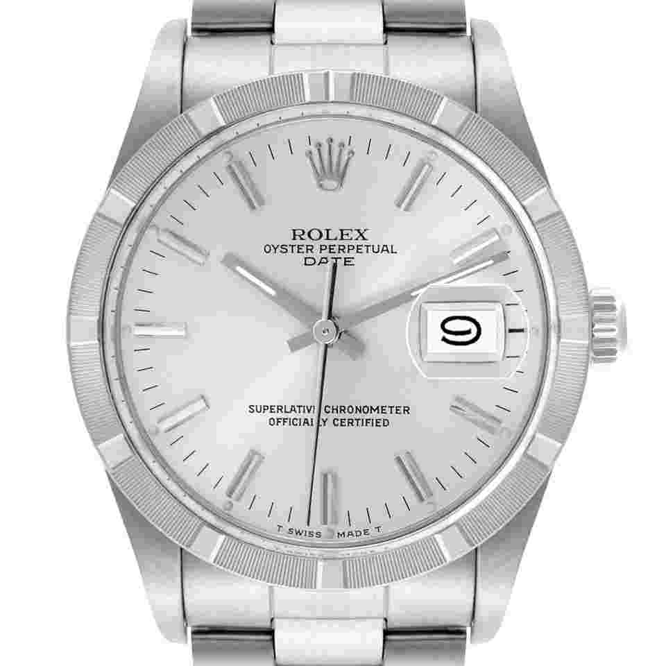 Rolex Oyster Perpetual Date
Steel Silver Dial Engine Turned Bezel Vintage Mens Watch 15010