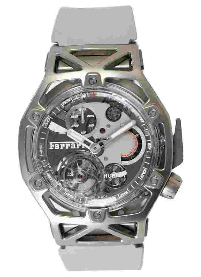 Hublot Techframe Ferrari Tourbillon Chronograph
in White Gold on Grey Rubber Strap with Grey Dial--Limited to 70 Pieces