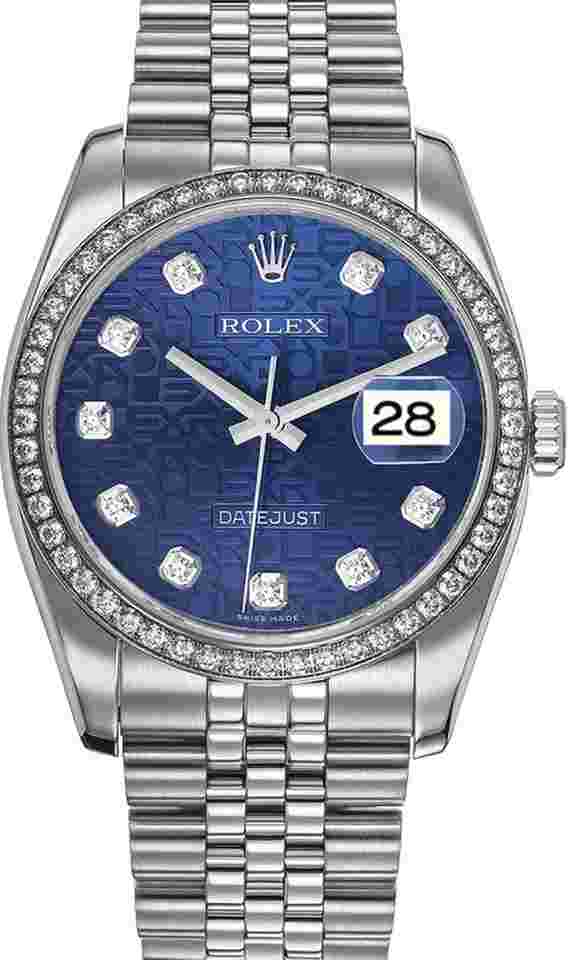 Rolex Datejust 36
                           
                                 New Style Datejust Stainless Steel Rolex Factory Diamond Bezel and Blue Anniversary Diamond Dial on Jubilee Bracelet 116244