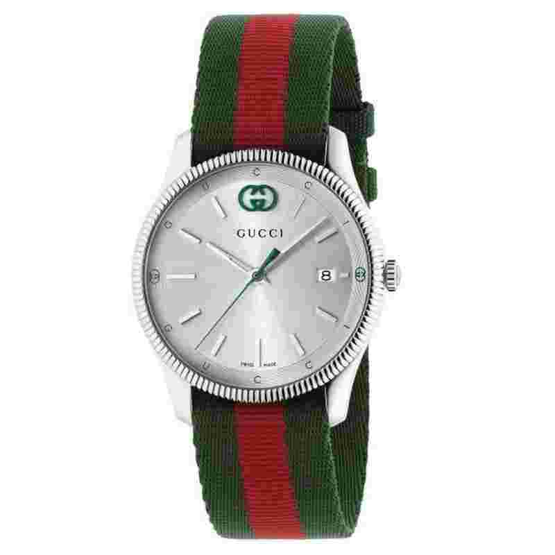 Gucci G-Timeless
Silver Dial Green and Red Nylon Strap Watch 38mm YA1264236