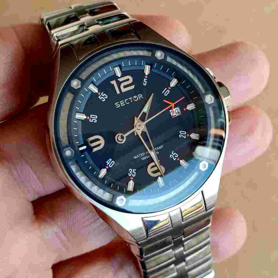 Sector Quartz all steel - WR 100m Big Size Vintage 05 NOS Full Set Beautiful blue dial with applied indexes and date