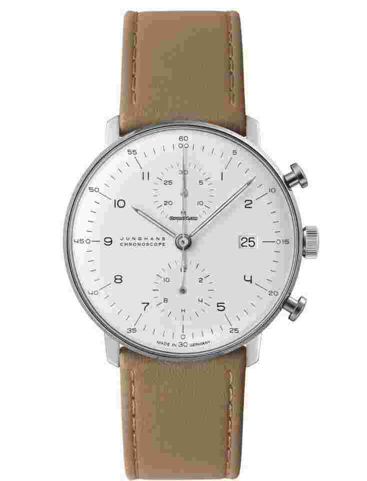 Junghans Max Bill Chronoscope 40 mm White Dial Leather Strap Watch 27/4502.02