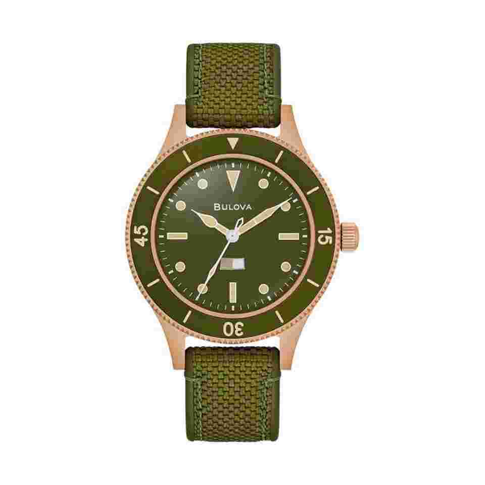 Bulova Submersible Bronzo 41mm Verde Tessuto Leggendario orologio progettato per la marina militare