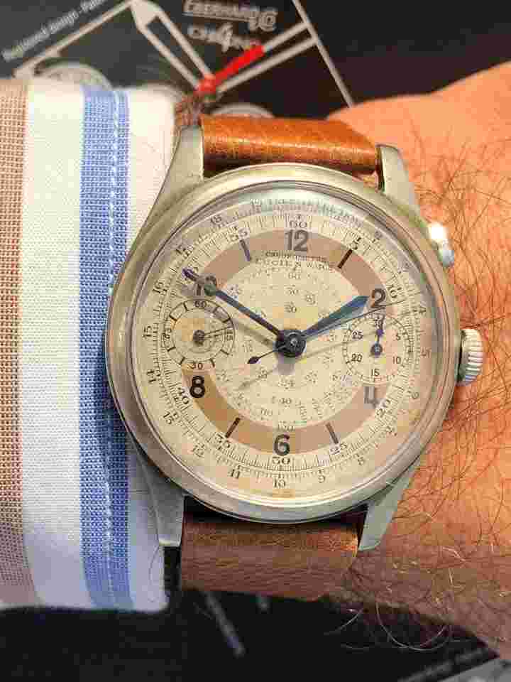 Chronometre Lucien Watch Chronograph Jumbo Antimagnetic Landeron Hahn Salmone Sector Dial Nice Condition 