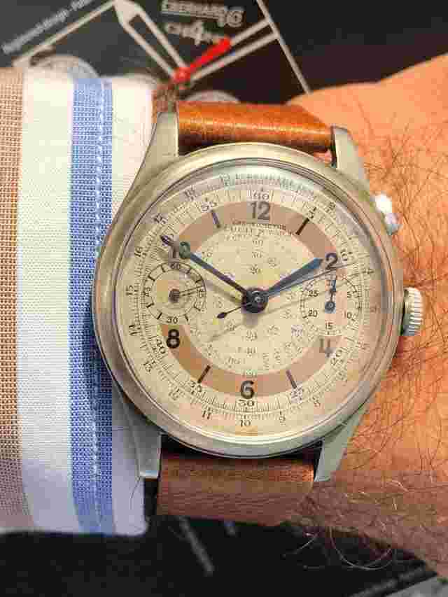 Chronometre Lucien Watch Chronograph Jumbo Antimagnetic Landeron Hahn Salmone Sector Dial Nice Condition 