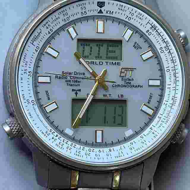 ETT Eco Tech Time Solar Drive Radio Controlled Chronograph World Timer Titanium Aviation 