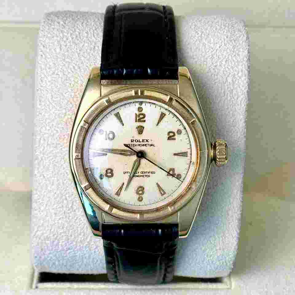Rolex Oyster Perpetual 1950s Yellow Gold PAPERS Automatic Chronometer Bubble Back Leather Band Original Papers Service Papers Army Paperwork