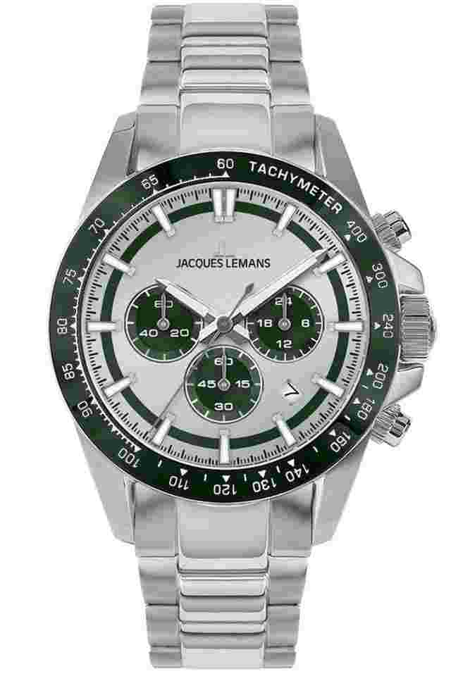 Jacques Lemans 1-2207E Herren-Uhr Chronograph Silberfarben/Grün