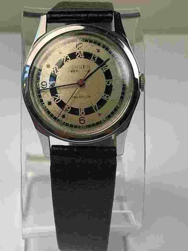 Gruen Precision Pan Am Veri-Thin Precision Military Pilot WWII 1945 24Hours Dual Tone Dial Swiss