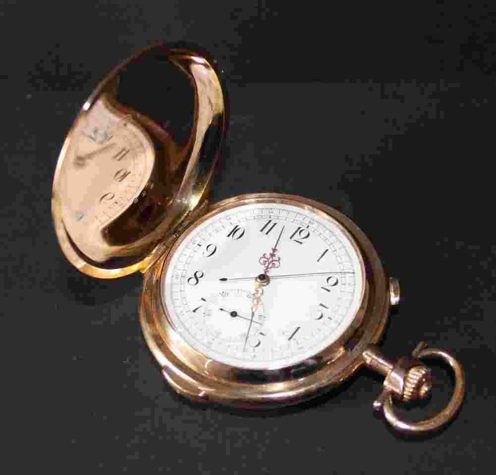 XXL ANTIQUE SOLID ROSE GOLD FULL HUNTER REPEATER CHRONOGRAPH POCKET WATCH IT COMES WITH 12 MONTHS’ WARRANTY RECENTLY SERVICED 