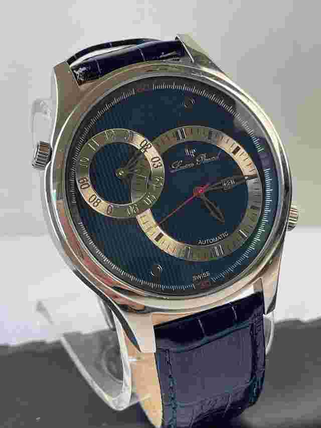 Lucien Piccard Dual Time Zone Automatic Calendar Date Two Tone Blue Textured Dial Display Back Large 51mm 25 Jewels Swiss Made 