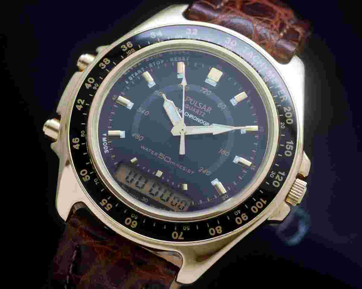 Pulsar New Old Stock 1992 Ana-Digi Pilot Chronograph 1/100 quartz vintage NOS SERVICED WARRANTY Beautiful and rare
