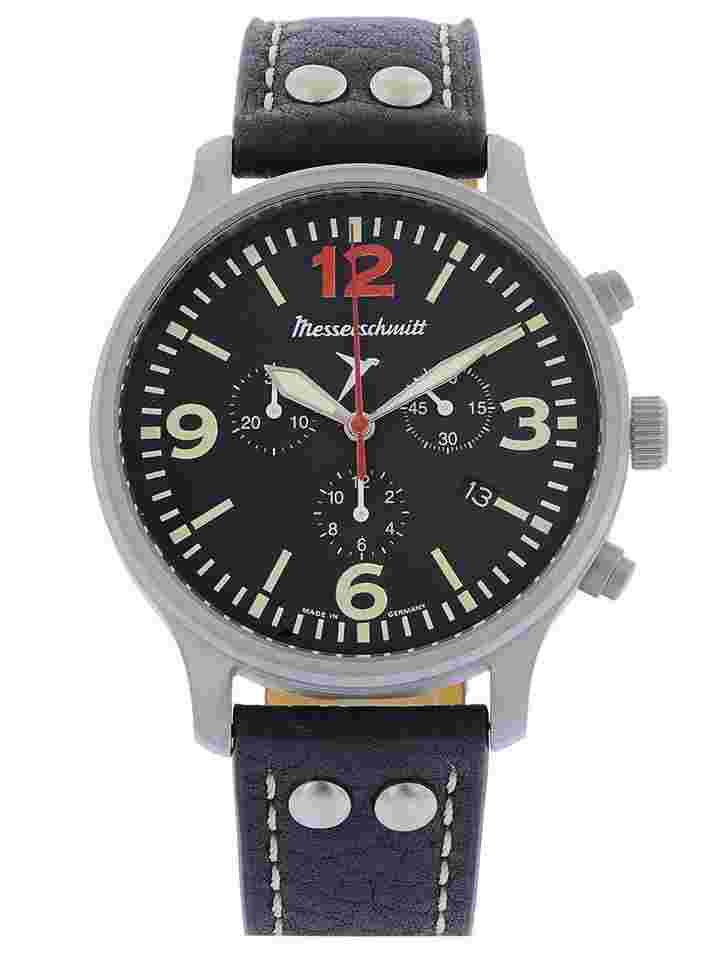 Messerschmitt ME-3H205R12-L Herren-Fliegeruhr Chronograph Lederband Schwarz