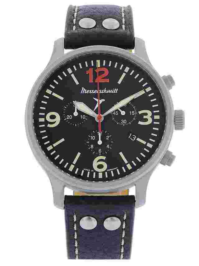 Messerschmitt ME-3H205R12-L Herren-Fliegeruhr Chronograph Lederband Schwarz 