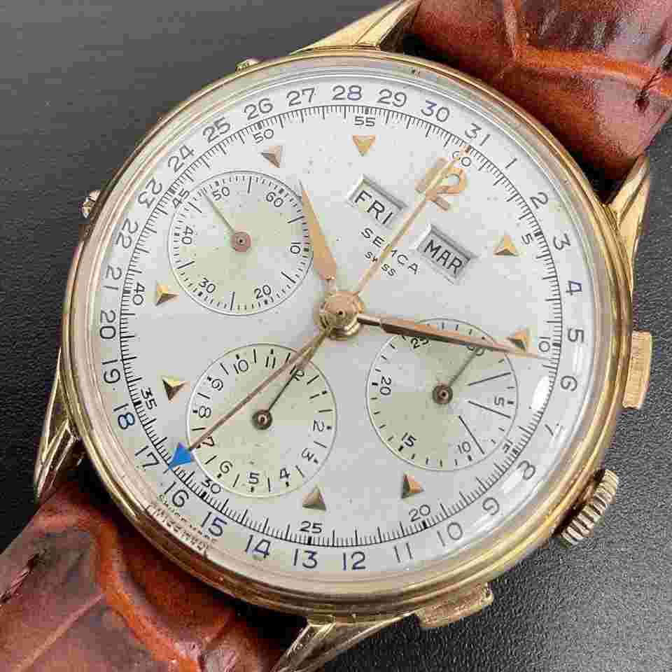SEMCA 18K Gold Triple Calendar Chronograph – Valjoux 72C – Vintage Semca 18K Gold Triple Calendar Chronograph – Valjoux 72C –