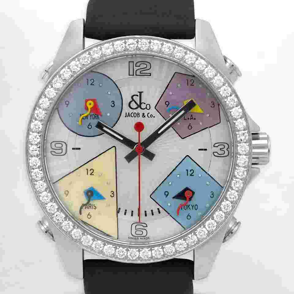 Jacob & Co. Five Time Zone Jacob&Co. Five Time Zone JCM24DA Quartz 40 MOP Dial Enamel Chrono Dia Bezel Rubber Band SS Great Condition. Comes with 1yr Seller's Warranty & Gift Box