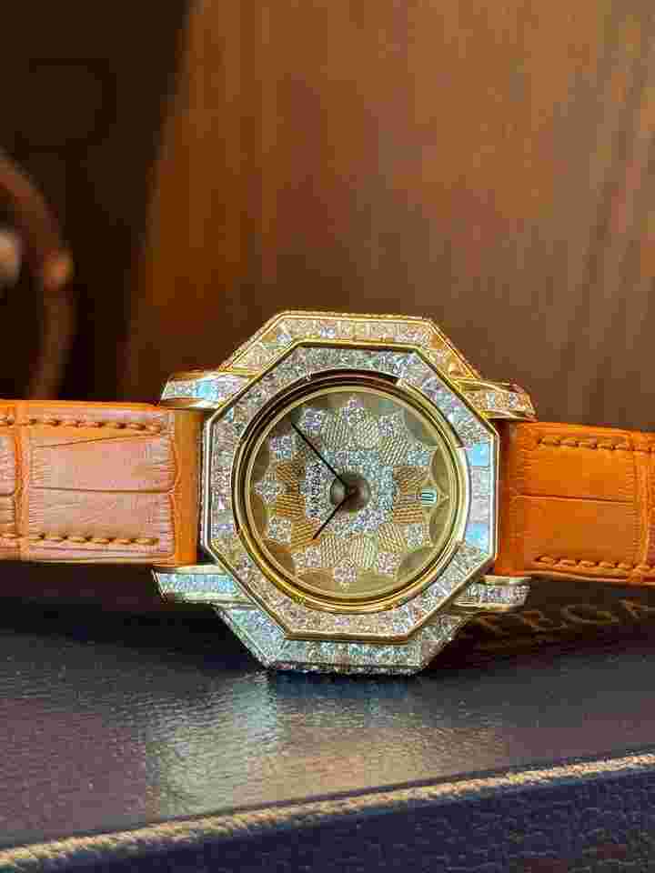 Montega Yellow Gold Petal Dial & Pave Diamond Bezel Watch Round brilliant-cut diamonds